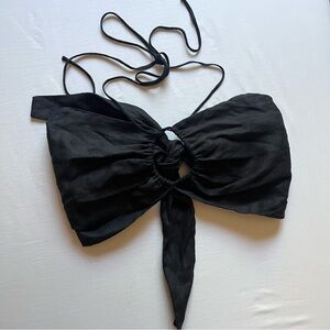 TROIS THE LABEL black linen cutout tie halter neck strapless crop top